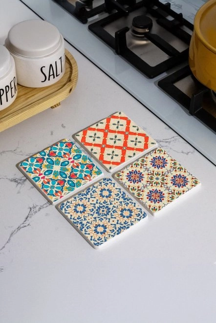 Kahve Severler İçin Şık Bardak Altlıkları 4'Lü Set 10X10X1 Cm - İtalyan Desen Çini Model