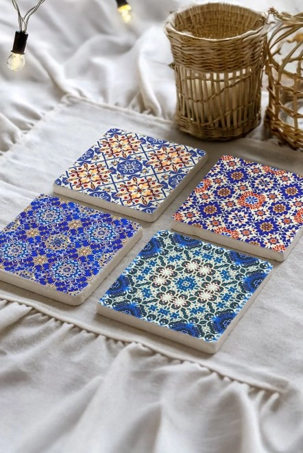 Hediyelik Doğal Taş Altlık Seti 4'Lü Set 10X10X1 Cm - İznik Çini