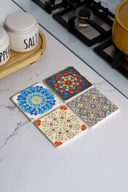 Şık ve Dayanıklı Taş Altlık 4'Lü Set 10X10X1 Cm - Kabartma Desen Çini