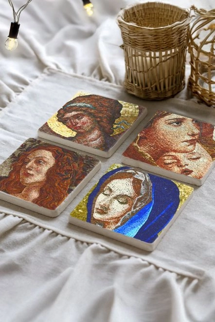 Doğal Görünümlü Mermer Bardak Altlığı Seti - Kadın Mozaik Figür