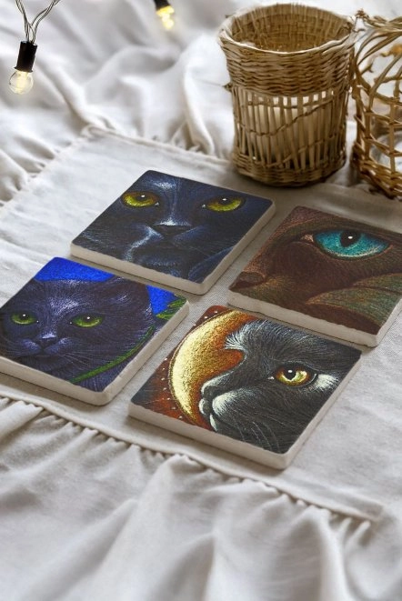 Doğal Taş Görünümlü Kare Bardak Altı 4'Lü Set 10X10X1 Cm - Kedili Set İllüstrasyon