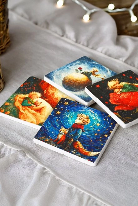 Yumuşak Keçeli Taş Bardak Altı 4'Lü Set 10X10X1 Cm - Küçük Prens