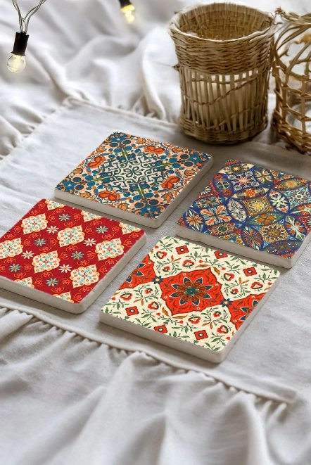 Kare Şekilli Mermer Altlık 4'Lü Set 10X10X1 Cm - Kusursuz Çini