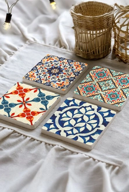 Çok Amaçlı Mermer Altlık 4'Lü Set 10X10X1 Cm - Kütahya Çini