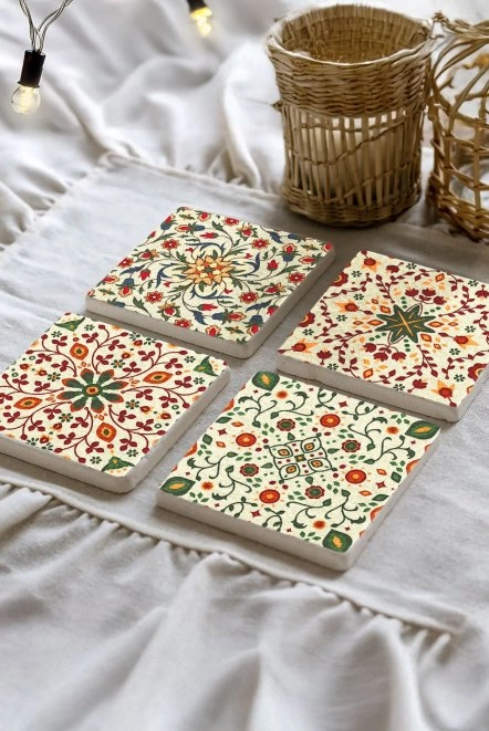 Antik Eskitme Taş Altlıklar 4'Lü Set 10X10X1 Cm - Lale Çini Model