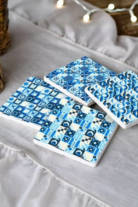 Modern Tasarımlı Mermer Bardak Altlığı 4'Lü Set 10X10X1 Cm - Mavi Mozaikler