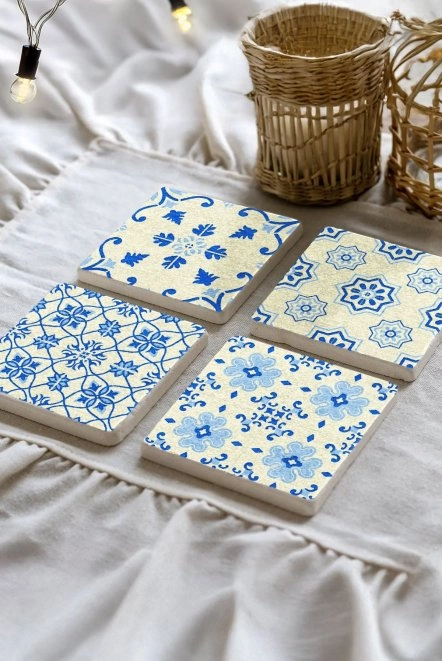 Doğal Taş Mermer Bardak Altlığı 4'Lü Set 10X10X1 Cm - Mavili Çini Desen
