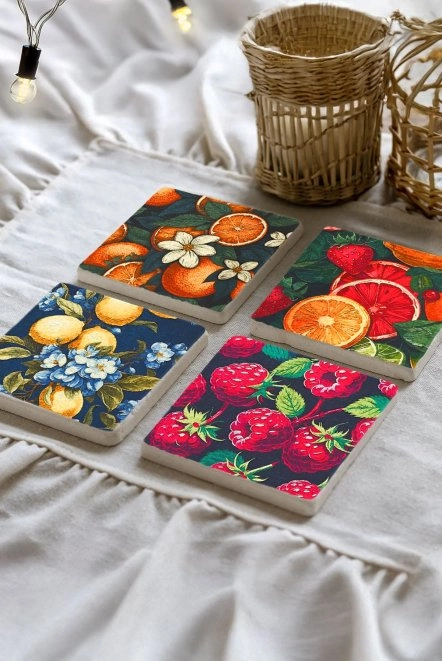 Estetik ve Fonksiyonel Bardak Altlığı 4'Lü Set 10X10X1 Cm - Meyve Sepeti Çizimleri