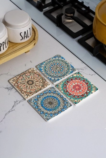 Lüks Mermer Altlık Seti 4'Lü Set 10X10X1 Cm - Mosque Cami Desen Çini