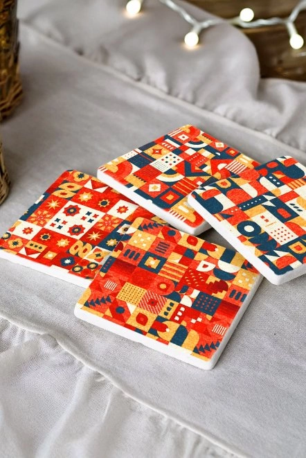 Traverten Doğal Taş Bardak Altlığı Seti - Mozaik Geometrik Sunum