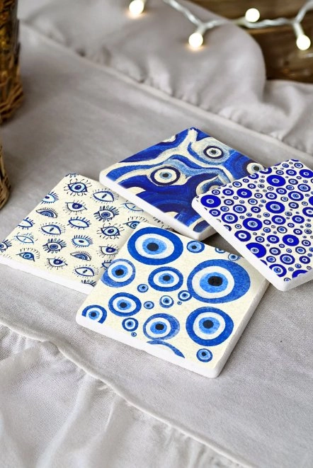 Minimalist Mermer Bardak Altlığı 4'Lü Set 10X10X1 Cm - Nazar Boncukları