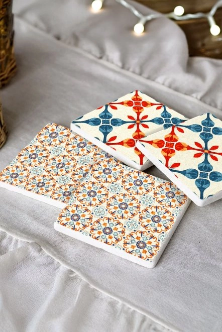 Şık ve Dayanıklı Mermer Bardak Altlığı 4'Lü Set 10X10X1 Cm - Retro Zemin Mozaik