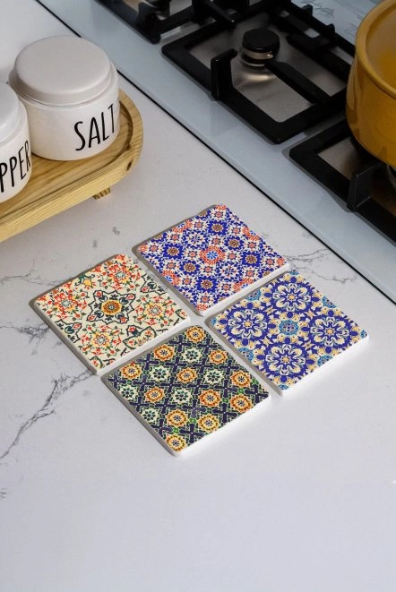 Hediyelik Mermer Bardak Altlığı 4'Lü Set 10X10X1 Cm - Seramik Tasarım