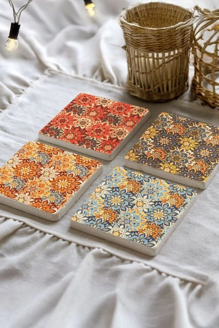 El Yapımı Doğal Taş Bardak Altlığı 10X10X1 Cm - Sonbahar Çini Model