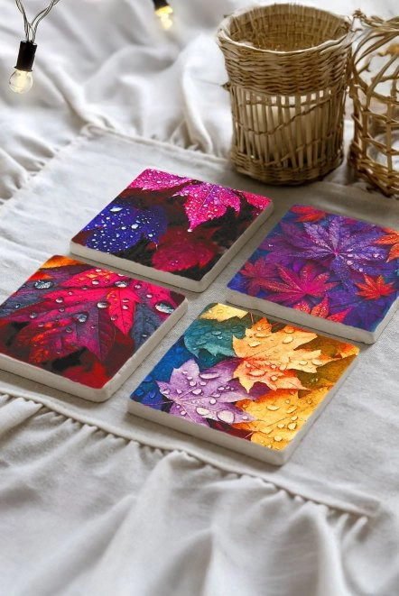 10x10 Kare Mermer Bardak Altlıkları - Sonbahar Yağmurlu Renkli Yapraklar