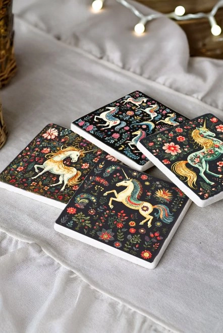Doğal Mermer Kare Bardak Altı 4'Lü Set 10X10X1 Cm - Unicorn Black Tasarım