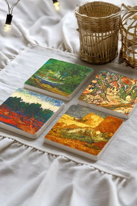 Baskılı Kare Mermer Bardak Altlığı 4'Lü Set 10X10X1 Cm - Vincent Van Gogh Çiftçiler Ve Balıkçılar