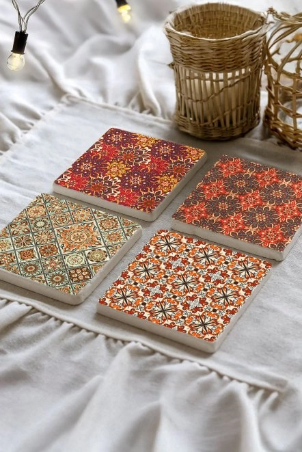 Modern Tasarım Mermer Bardak Altlığı 10X10X1 Cm - Yaprak Çini