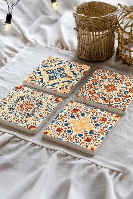 UV Baskılı Doğal Mermer Altlık 4'Lü Set 10X10X1 Cm - Yonca Çini