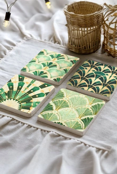 Eskitme Görünümlü Taş Bardak Altlıkları 4'Lü Set 10X10X1 Cm - Zarif Art Deco
