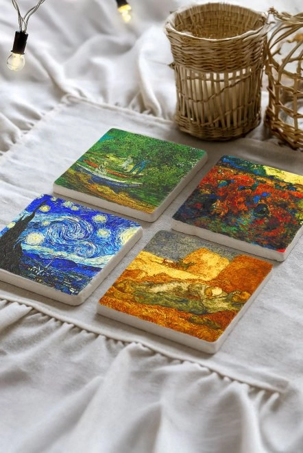 Antik Desenli Taş Bardak Altlıkları 4'Lü Set - Vincent Van Gogh Yıldızlı Gece, Balıkçı Ve Çiftçiler