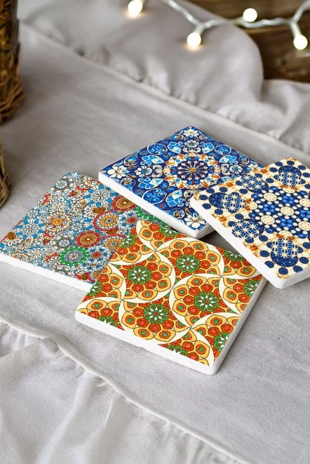 Premium Kalite Mermer Altlık 4'Lü Set 10X10X1 Cm - Elit Çini Model  Il-26