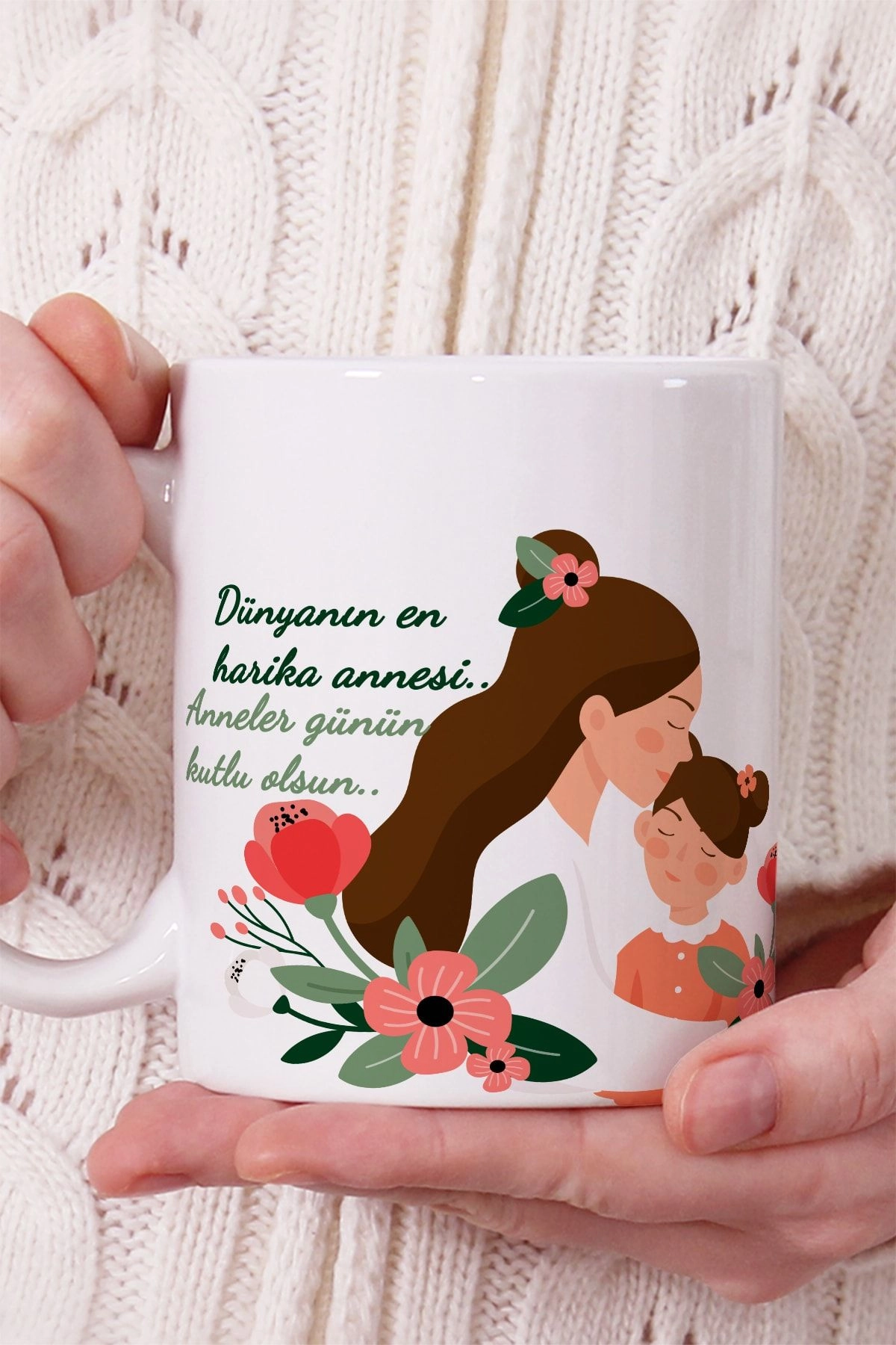 Anne ve Kız Çizim Figür Anneler Gününe Kupa Bardak