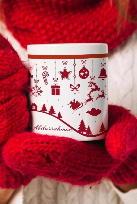 Ağaç ve Geyikli Yılbaşı Hediyelik Kupa Bardak Kırmızı