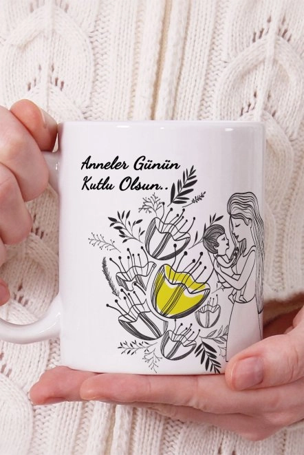 Anne ile Çocuk ve Çiçekler Anneler Günü Kupa Bardak