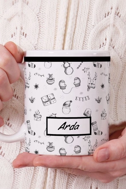 Siyah Beyaz Yılbaşı Kişiye Özel Hediyelik Kupa Bardak