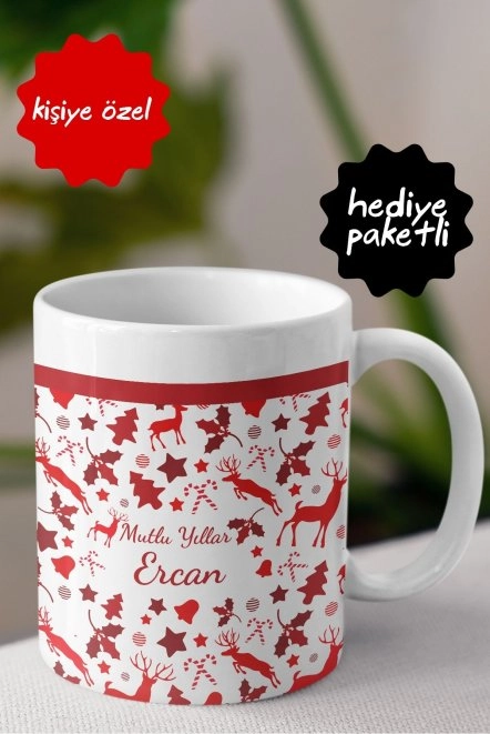 Kırmızı Geyikli Noel Hediye Kupa Bardak