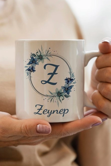 Harfli ve İsimli Kişiye Özel Porselen Kupa Bardak Çiçekli