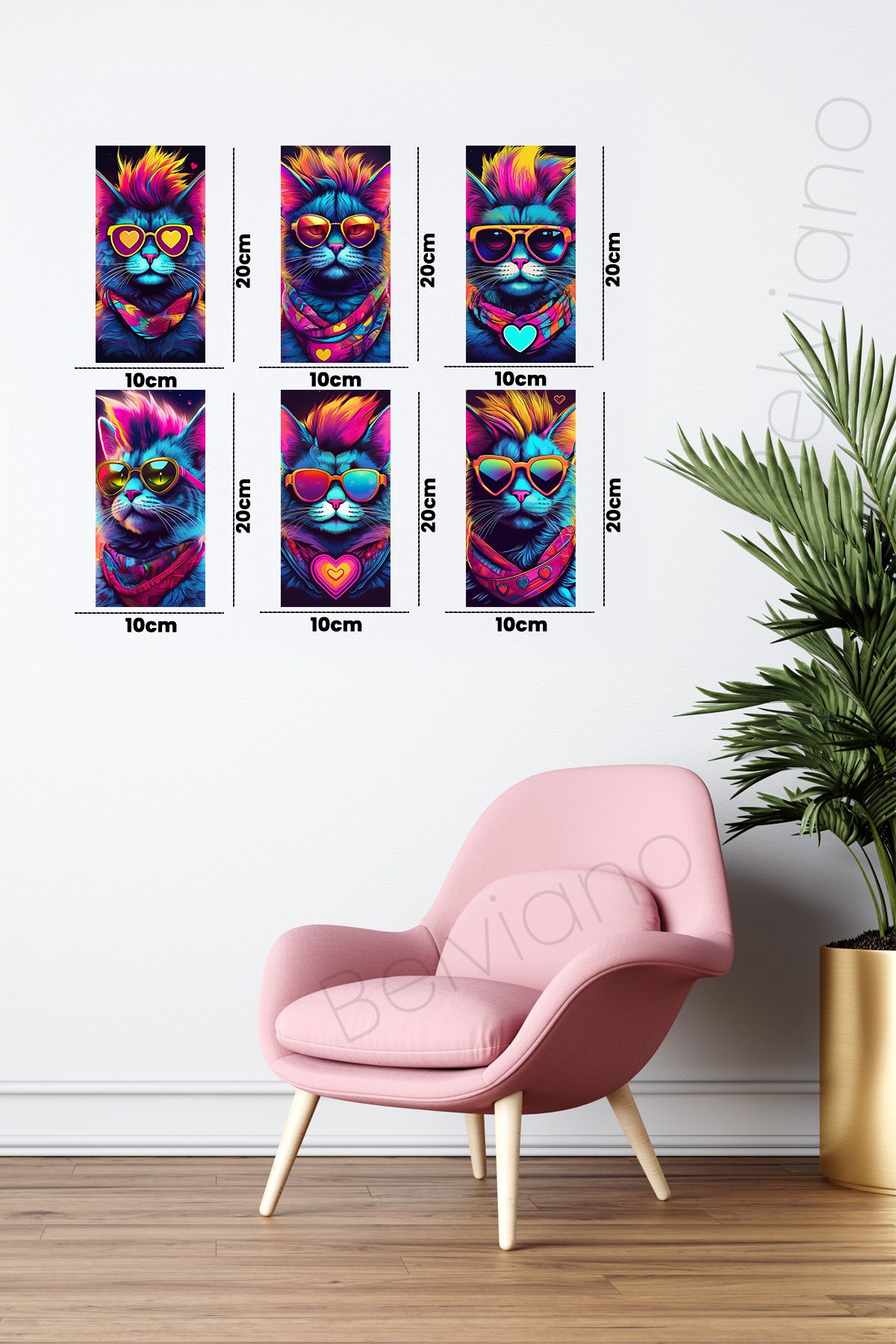 6'Lı Retro Havalı Gözlüklü Kedi Poster 10X20 Ahşap Poster Seti  Ps-2