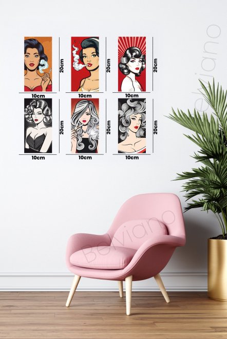 6'Lı Retro Kadın Çizim Smoke Poster 10X20 Ahşap Poster Seti  Ps-5