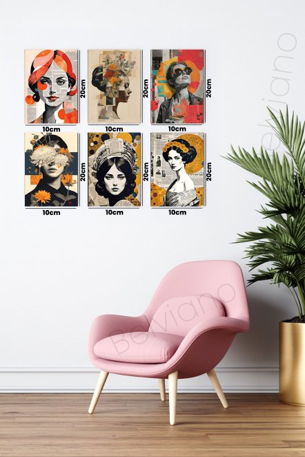 6'Lı Retro Kadın Poster 10X20 Ahşap Poster Seti  Ps-1