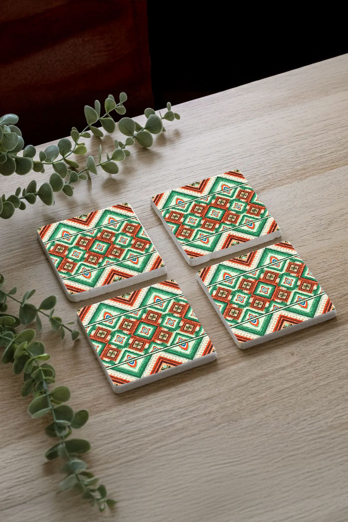 Rönesans Motifleri Taş Traverten Fincan Bardak Altlığı 4'Lü Set 10X10X1Cm  Moz-29