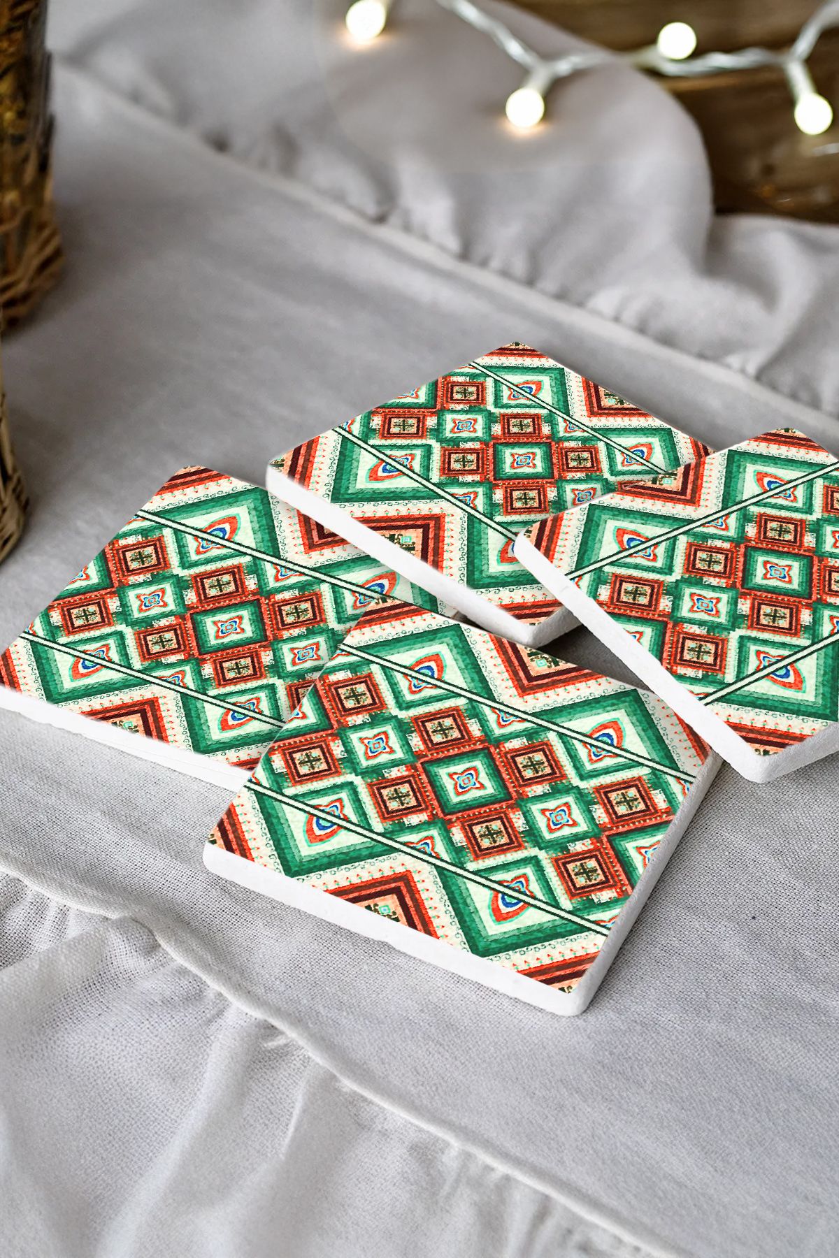 Rönesans Motifleri Taş Traverten Fincan Bardak Altlığı 4'Lü Set 10X10X1Cm  Moz-29