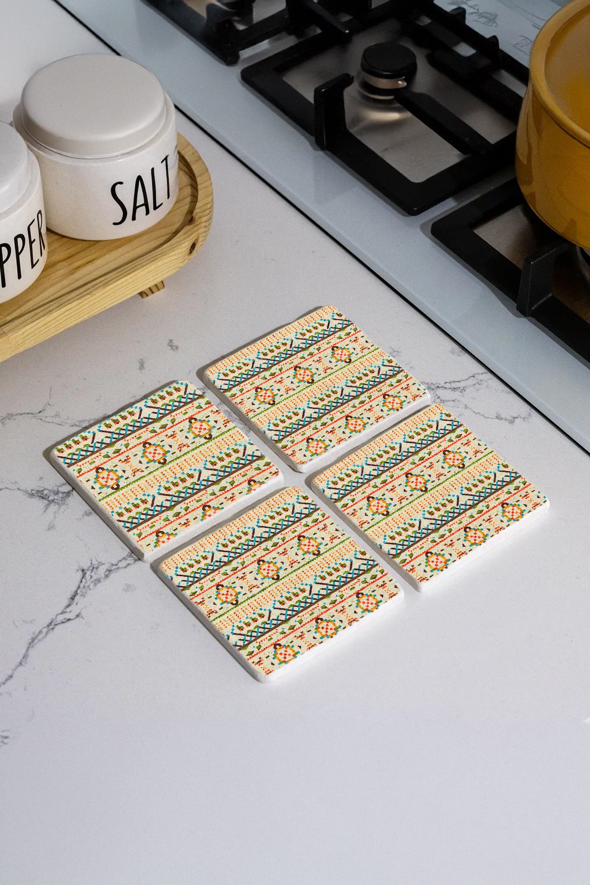 Süt Rengi Zarafet Mozaikleri Taş Traverten Fincan Bardak Altlığı 4'Lü Set 10X10X1Cm  Moz-46