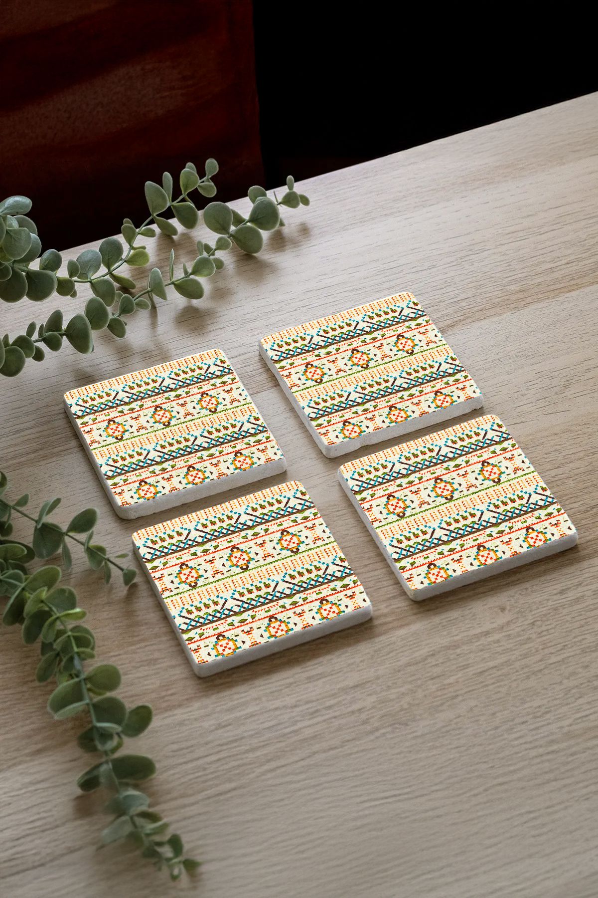 Süt Rengi Zarafet Mozaikleri Taş Traverten Fincan Bardak Altlığı 4'Lü Set 10X10X1Cm  Moz-46