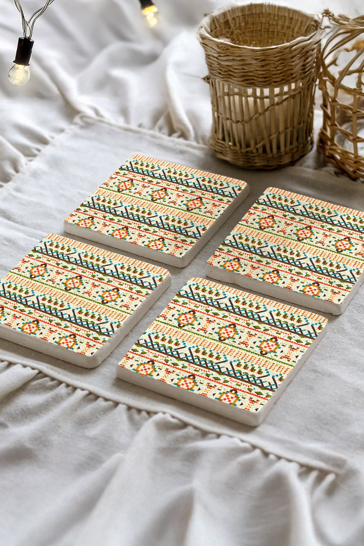 Süt Rengi Zarafet Mozaikleri Taş Traverten Fincan Bardak Altlığı 4'Lü Set 10X10X1Cm  Moz-46