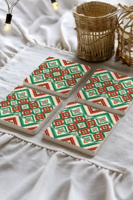 Rönesans Motifleri Taş Traverten Fincan Bardak Altlığı 4'Lü Set 10X10X1Cm  Moz-29