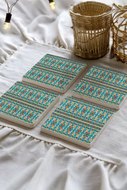 Turkuaz Rüyası Mozaikleri Taş Traverten Fincan Bardak Altlığı 4'Lü Set 10X10X1Cm  Moz-45