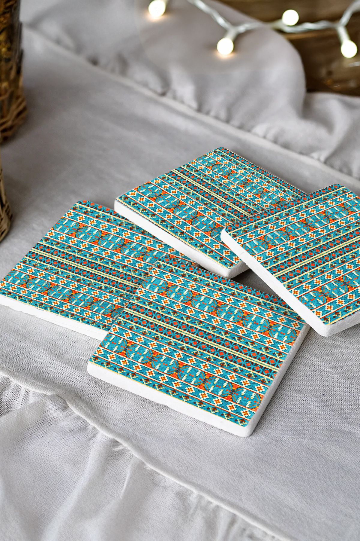 Turkuaz Rüyası Mozaikleri Taş Traverten Fincan Bardak Altlığı 4'Lü Set 10X10X1Cm  Moz-45