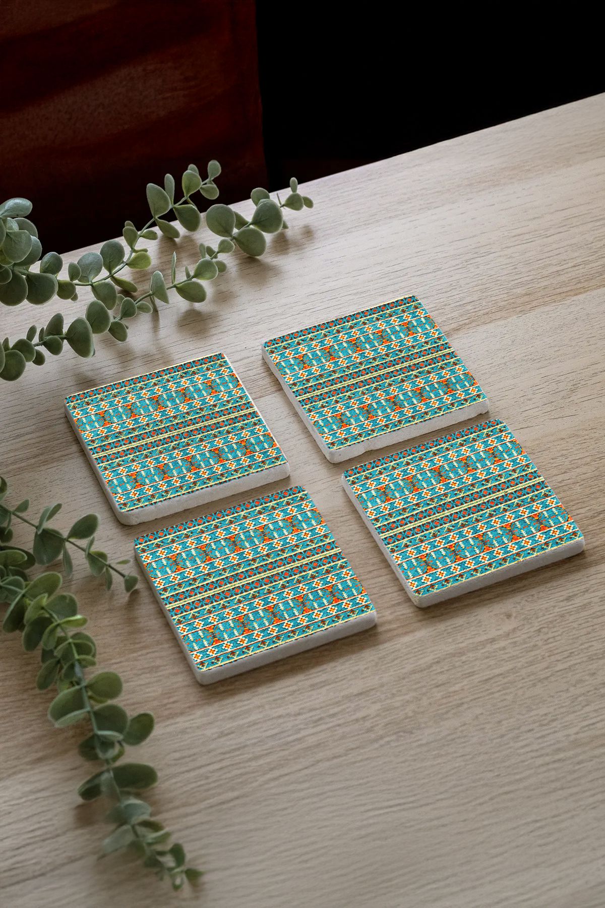 Turkuaz Rüyası Mozaikleri Taş Traverten Fincan Bardak Altlığı 4'Lü Set 10X10X1Cm  Moz-45