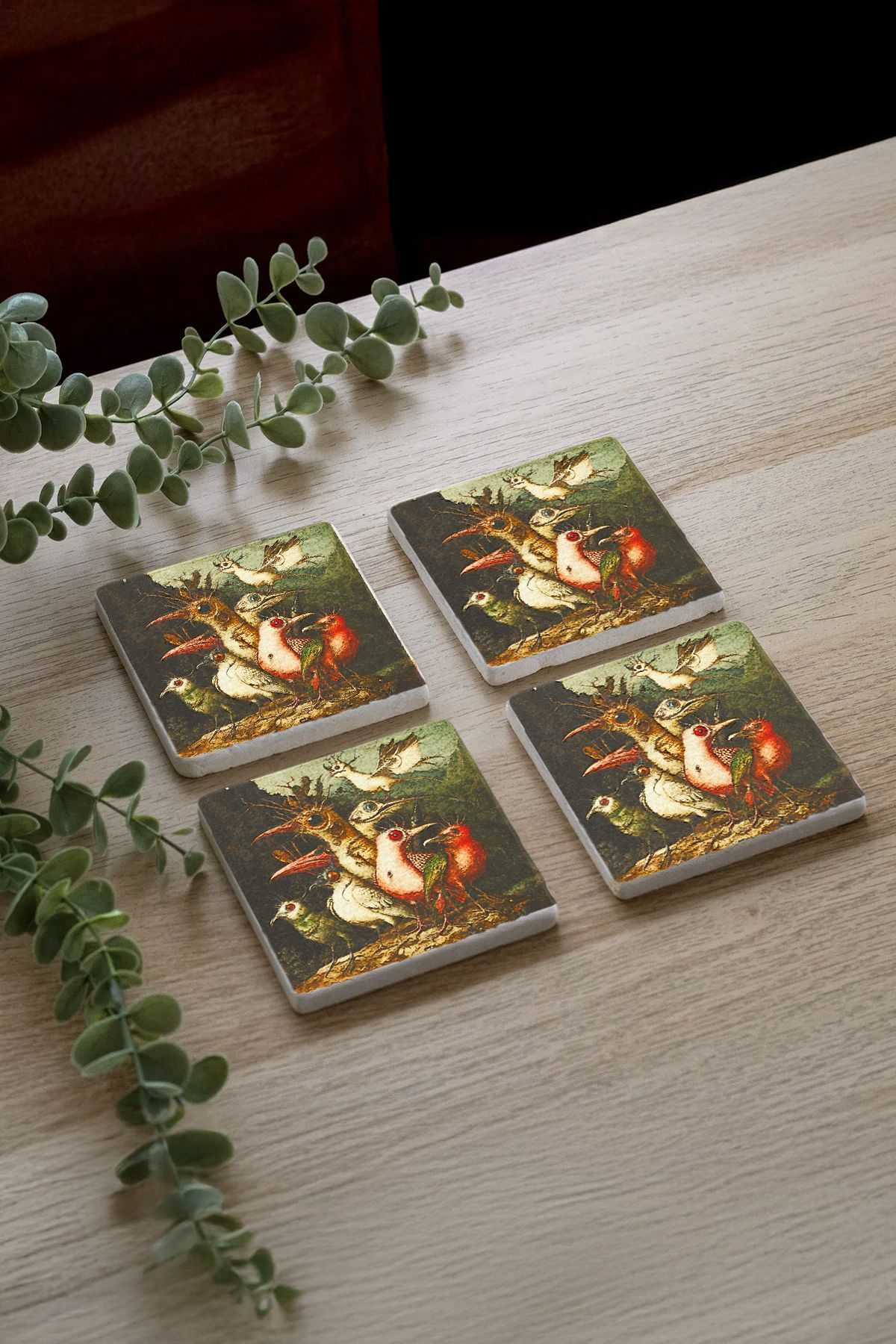 Alberina Desenleri Taş Traverten Fincan Bardak Altlığı 4'Lü Set 10X10X1Cm  Il-40