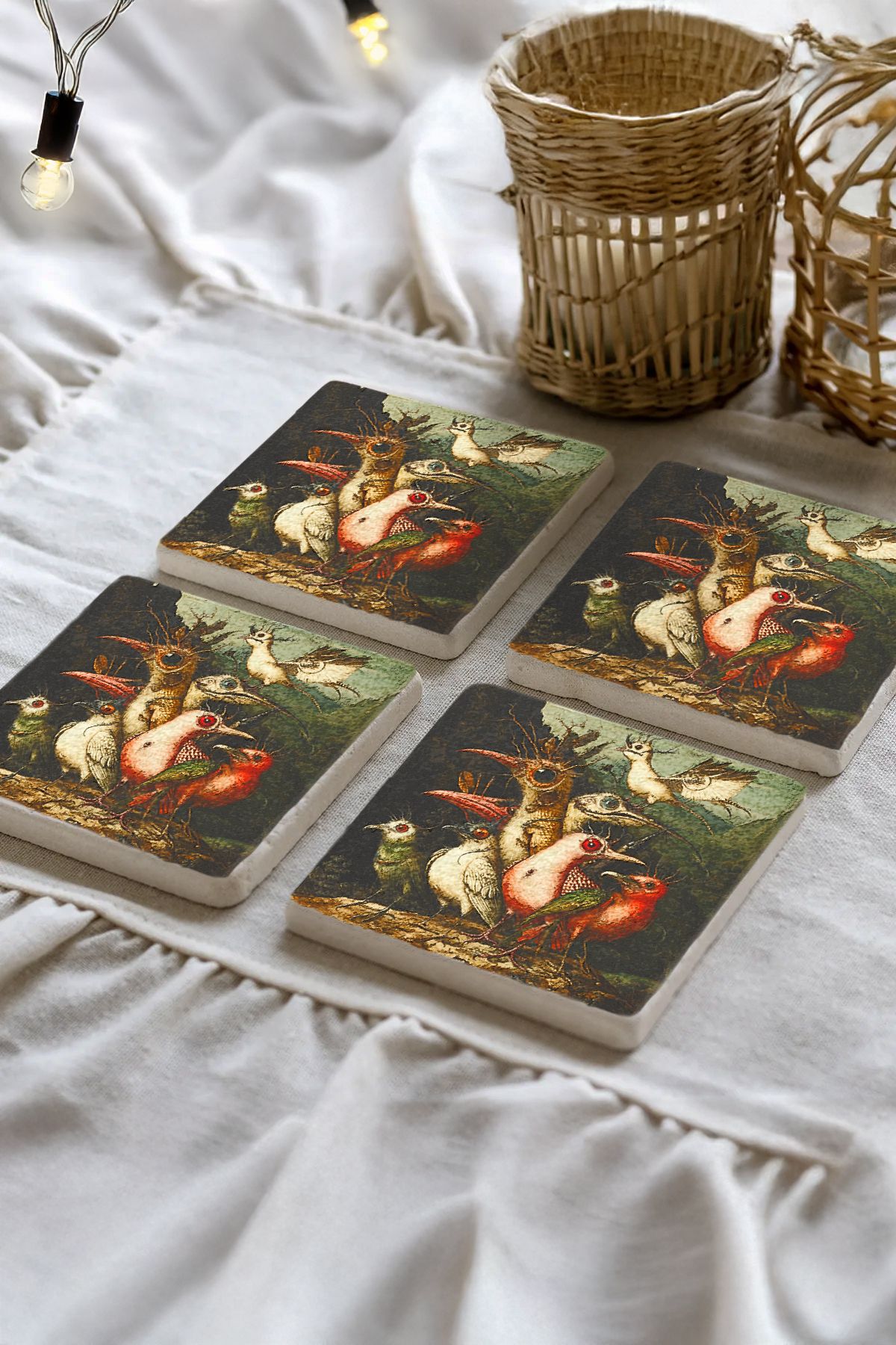 Alberina Desenleri Taş Traverten Fincan Bardak Altlığı 4'Lü Set 10X10X1Cm  Il-40