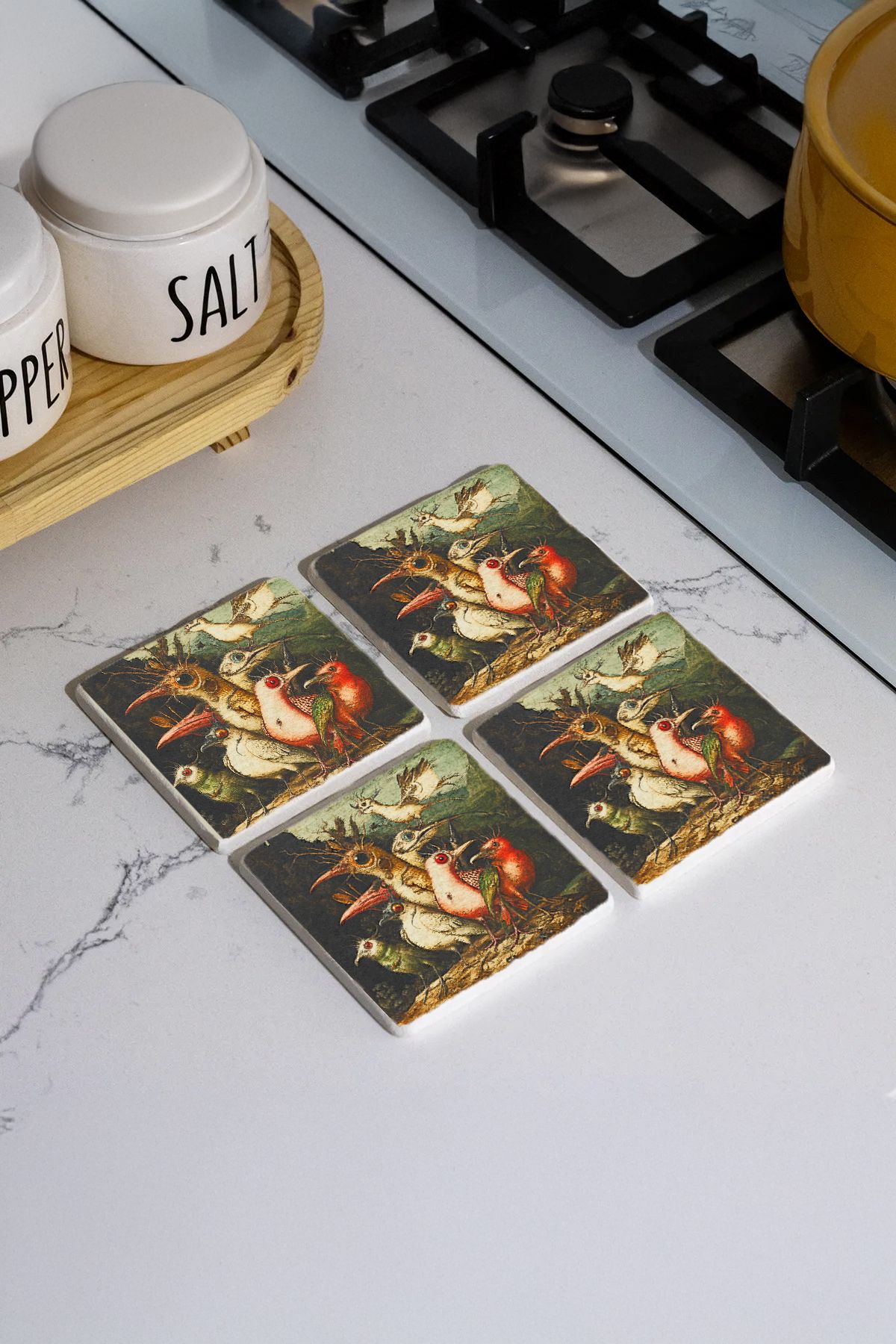 Alberina Desenleri Taş Traverten Fincan Bardak Altlığı 4'Lü Set 10X10X1Cm  Il-40