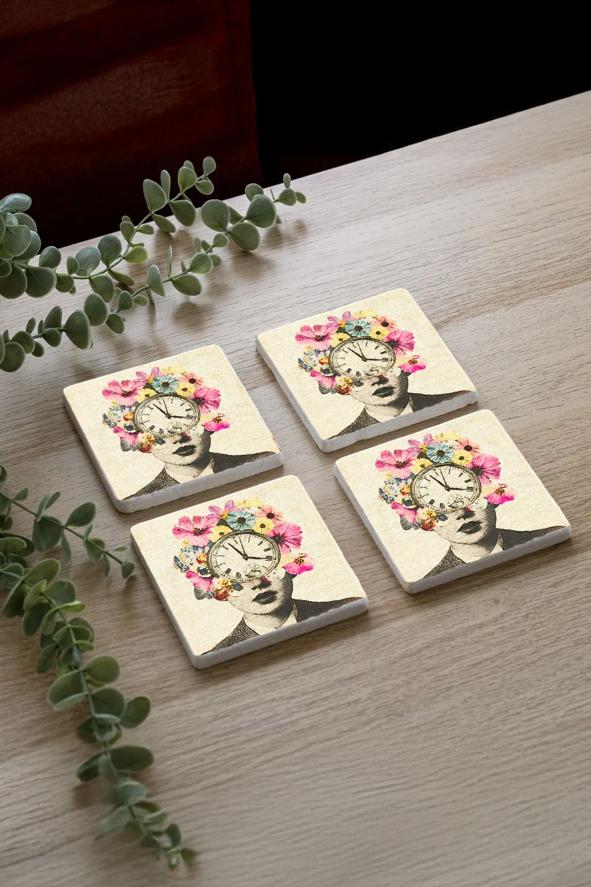 Carmiretta Desenleri Taş Traverten Fincan Bardak Altlığı 4'Lü Set 10X10X1Cm  Il-50