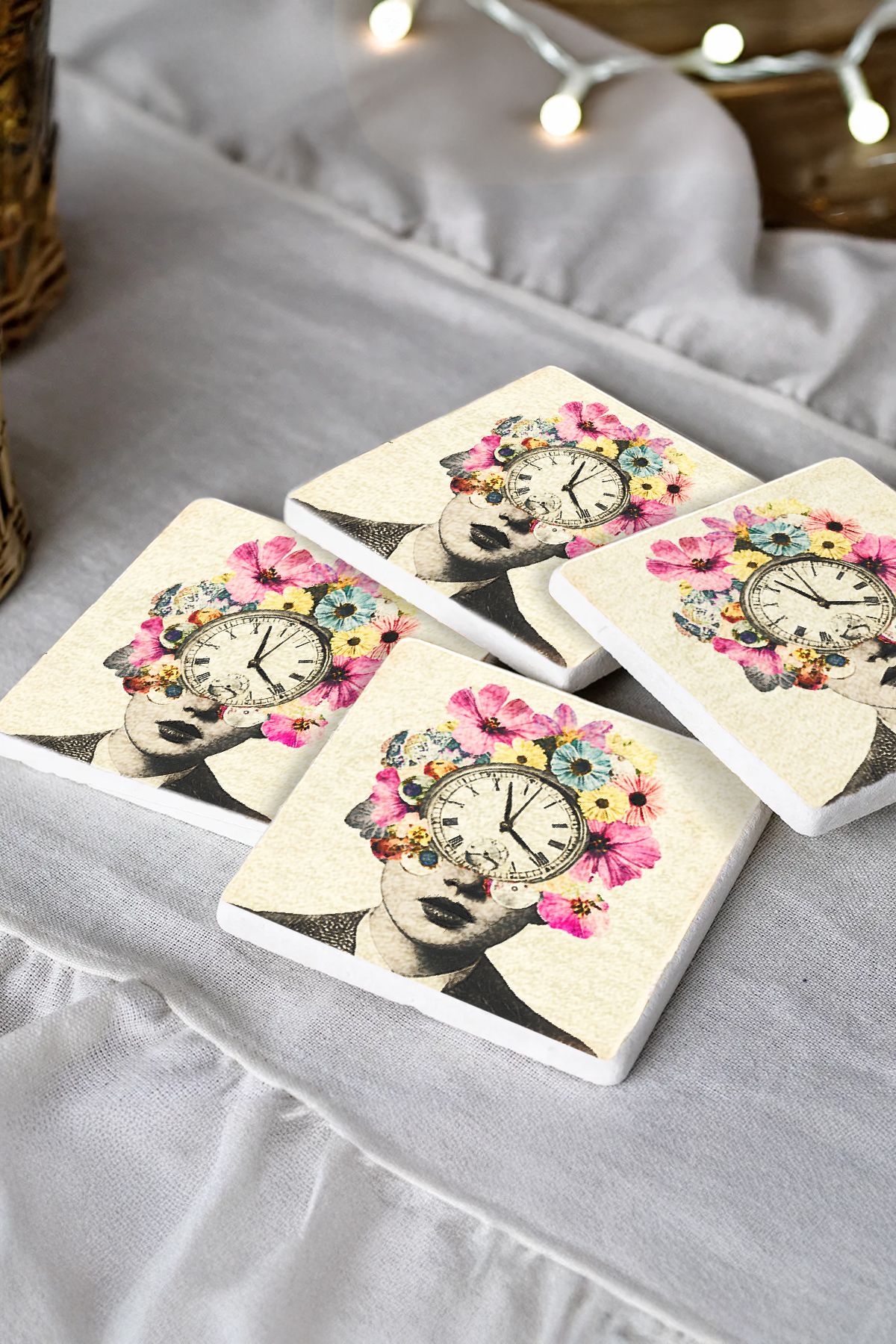 Carmiretta Desenleri Taş Traverten Fincan Bardak Altlığı 4'Lü Set 10X10X1Cm  Il-50