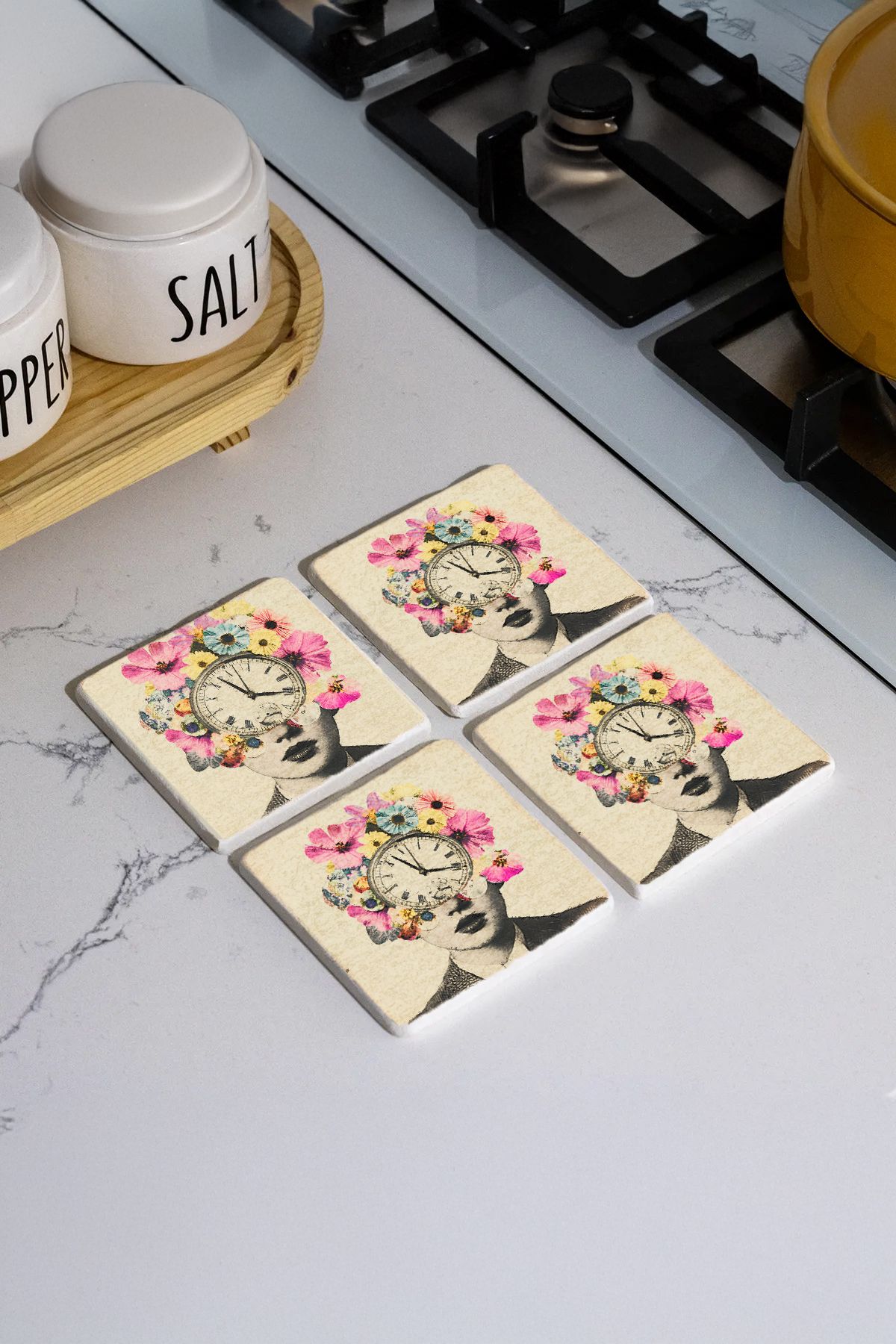 Carmiretta Desenleri Taş Traverten Fincan Bardak Altlığı 4'Lü Set 10X10X1Cm  Il-50